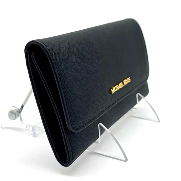 Michael Kors Large Jet Set Travel Trifold Wallet - Black/Gold - Picture 4 of 6